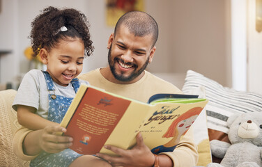 Poster - Dad, girl and book on sofa with bonding, smile and love in storytelling in living room together. Happiness, father and daughter reading story on couch for fantasy, learning and education in home fun.