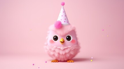 Wall Mural -  a pink owl with a party hat on it's head.  generative ai