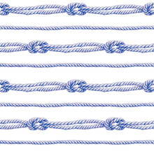 Seamless Pattern Of Rope Cords With Knots. Hand Drawn Illustration Graphics. Hand Painted Blue Elements On White Background.