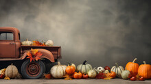 Vintage Harvest Truck With Pumpkins, Thanksgiving Background, Wide Banner With Copy Space Area Generative AI
