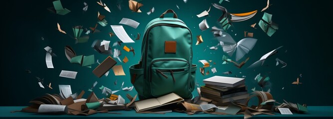 Wall Mural - Photo of a green backpack surrounded by books and flying papers