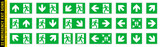 Fototapeta  - Full set of 22 isolated Emergency exit symbols on green rectangle board. Official ISO 7010 safety signs standard