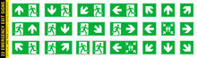 Full Set Of 22 Isolated Emergency Exit Symbols On Green Rectangle Board. Official ISO 7010 Safety Signs Standard