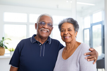 Portrait of a happy, smiling black senior couple at family gathering indoors