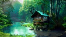 Wooden House Beside River And Forest In Raining, 4k Quality Looped Video