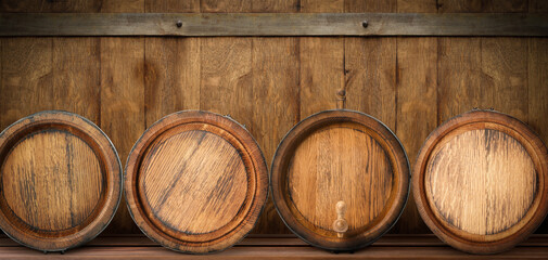 Canvas Print - Wooden barrels on shelf, space for text. Banner design