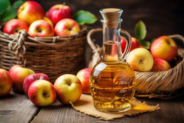 Wall Mural - Apple cider in a glass jug and a basket of fresh apples