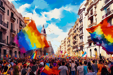 Generative AI illustration of gay and lesbian pride street celebration with rainbow flag