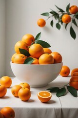 Wall Mural - bowl of freshly picked oranges, their vibrant colors contrasting against the stark white background,