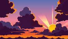 Sunset With Clouds And Sun Rays Coming Out Of The Clouds And The Sun Is Setting In The Distance, Colorful Flat Surreal Design, Vector Art, Context Art. Cartoon Anime Background. Vector Illustration.