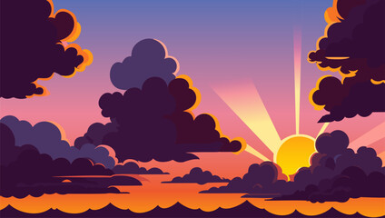 Wall Mural - Sunset with clouds and sun rays coming out of the clouds and the sun is setting in the distance, colorful flat surreal design, vector art, context art. Cartoon anime background. Vector illustration.