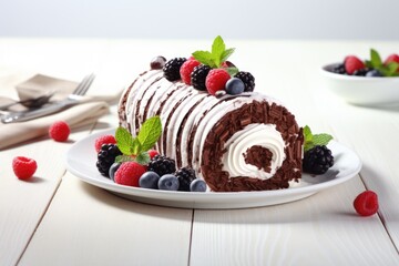 Chocolate Swiss Roll Cake coated with Chocolate Chips on table top, AI Generated