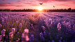Fantasy landscape of blooming lavender flowers,butterfly glow