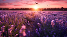 Fantasy Landscape Of Blooming Lavender Flowers,butterfly Glow