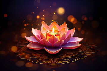 Minimalist lotus with small candle. Concept delicate floral drawing. Spiritual flame celebrating Diwali.