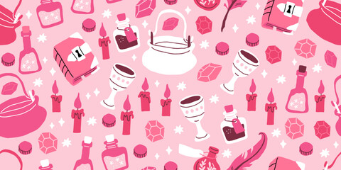 Pink Halloween pattern with stars, magic witch hat, cauldron, potion bottles, candles, treasures, book of spells. Vector illustration