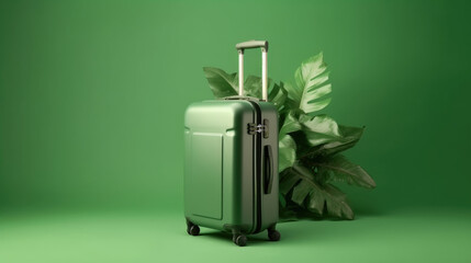 Green suitcase with tropical leaves on a green background. Copy space. Generative AI