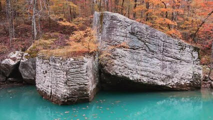 Wall Mural - Beautiful turquoise pool of water and large boulders in Arkansas ozark mountain creek shot with panning rotation
