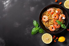 Pasta In White Plate With  Shrimp On Black Background