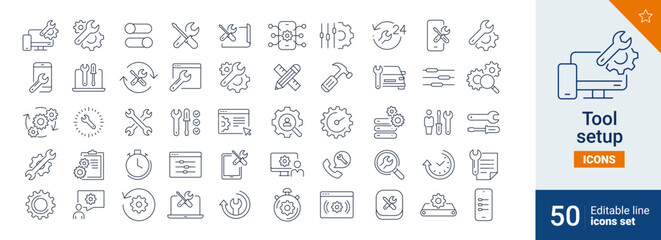 Tool icons Pixel perfect. Setup, data, support, ....