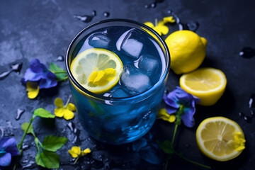 Blue butterfly pea flower  with lemon on black background