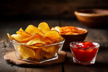 Potato chips snacks in glass bowls on wooden background