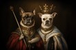 Bulldog Prince, Princess, King, Queen, Dog, Couple, Portrait, Medieval, Renaissance. A portrait of a couple of regal dogs with crown and scepter, future heirs of a feline dynasty.