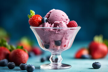 Wall Mural - Berry ice cream with berries in glass bowl,on blue wooden background