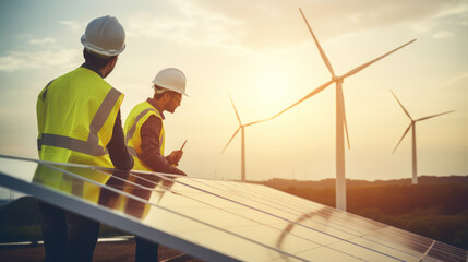 Close-up engineer and worker talking at work wind turbine and solar panel