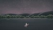 Woman alone on aboat in river. night nature landscape artwork. loneliness and solitude concept art.