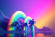 Leinwandbild Motiv Palm trees and rainbow 80s landscape in vaporwave style. Retrowave vacation background with tropical sunset and palms.