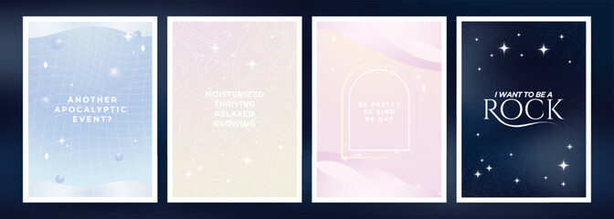 Set of Funny quotes and phrases on beautiful liquid pastel backgrounds posters. Another Apocalyptic Event? Moisturized, thriving, relaxed, glowing. Be pretty, Be kind, be gay. I want to be a rock.
