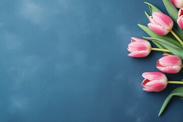 Wall Mural - Pink tulip flowers on blue background.