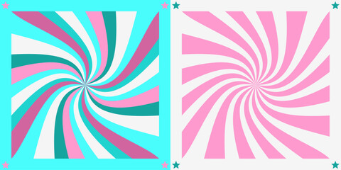 Poster - Two variants of swirling rays background. Pink rays from the center, spiral, twist.