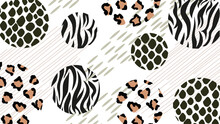 Abstract Geometric Background Of Animal Fur And Skin Patterns. Modern Patchwork Style. Collage Of Zebra, Snake, Leopard Patterns In Circles. Vector. For Fabric Print, Clothes, Web Design, Textiles.