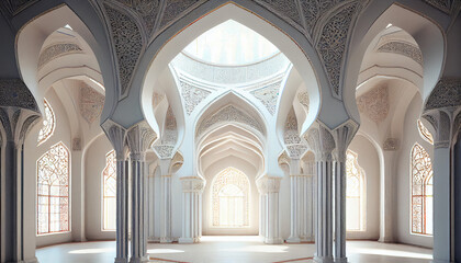  Interior of a white mosque, Luxury Mosque, interior of a mosque country,  Ai generated image 