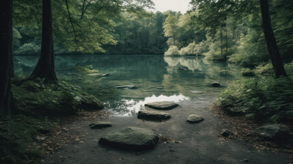 Canvas Print - A lake in the shape of human footprints in the middle of a lush forest as a metaphor for the impact of human activity on the landscape and nature in general.