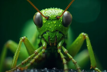 Close Up Of Grasshopper On Green Leaf Background.
