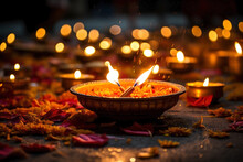 Diwali Candle Decoration With Marigold Flowers
