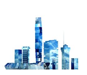 Sticker - Beautiful city icon with skyscrapers and office buildings with blue sky reflection. 3D rendering illustration