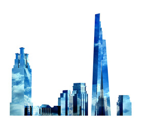 Poster - Beautiful city icon with skyscrapers and office buildings with blue sky reflection. 3D rendering illustration