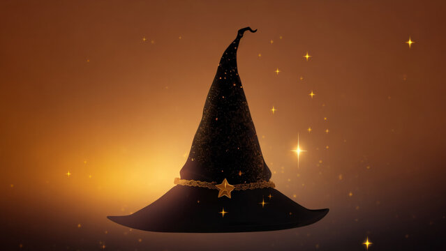Halloween witch hat with stars and bokeh on gold background