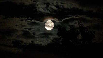 Wall Mural - Moon in the clouds in a mysterious Halloween style. Dark clouds fly in the dramatic night sky