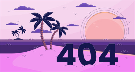Poster - Bay paradise error 404 flash message. Palm trees on island. Website landing page ui design. Not found cartoon image, dreamy vibes. Vector flat illustration concept with 90s retro background