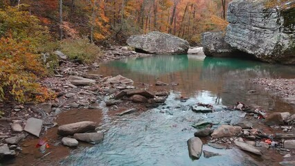Wall Mural - Beautiful aquamarine pool of water and large boulders in Arkansas ozark mountain creek via aerial drone in fall 