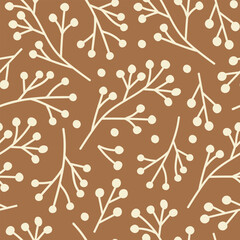 Poster - Abstract seamless pattern with beige branches berries on a brown background. Monochrome design for textile, prints, wrapping paper. Vector illustration