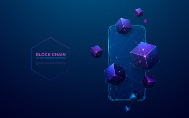 Aufkleber - Blockchain digital technology. Abstract linked 3D blocks on technology blue smartphone background. Futuristic low poly wireframe cryptocurrency or metaverse concept. Polygonal cubes and phone.