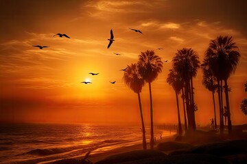 Wall Mural - Golden sunset over the ocean, palm trees and seagulls in the spotlight., generative IA