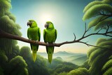 green parrot on a branch , parrot on a branch , parrot on the tree , two green parrots