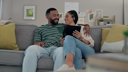 Poster - Couple, tablet and relax on sofa in home living room for love, movies and streaming internet show. Happy woman, man and hug with digital technology on social media, subscription app and download meme